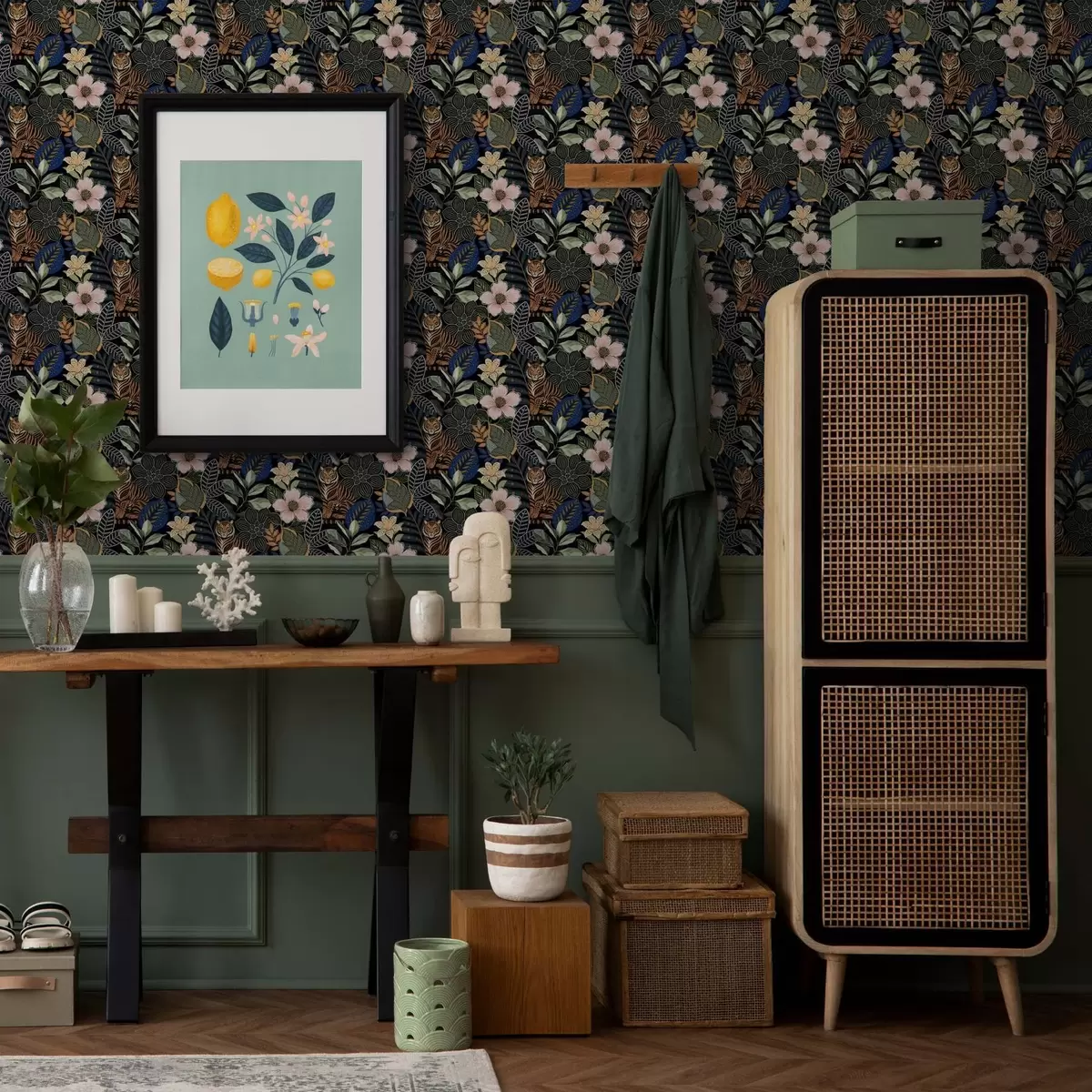 Papier peint Tigres parmi des fleurs et des feuilles tropicales éclatantes a00426