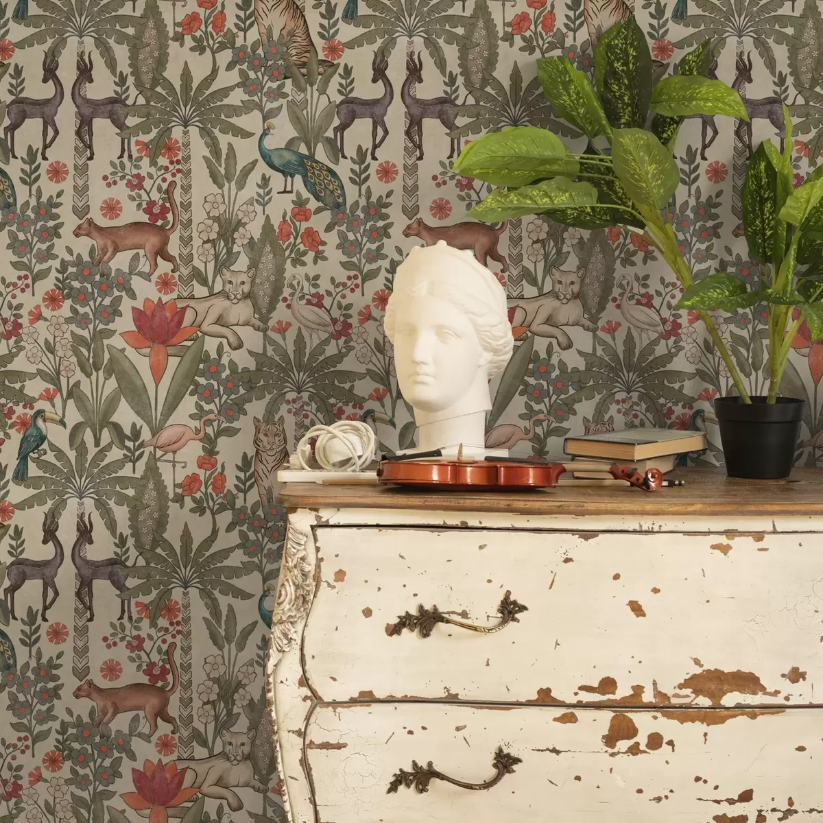 Behang Retro stijl: Dieren en bloemen op een vintage achtergrond a00431