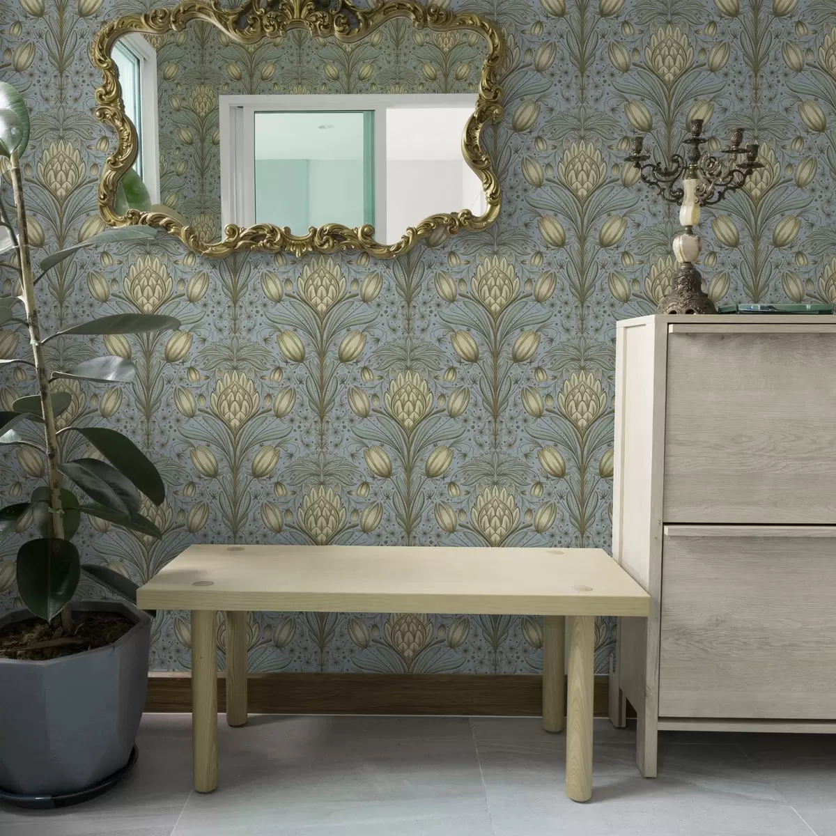 Papier peint Motif bleu avec artichauts et tulipes a00435