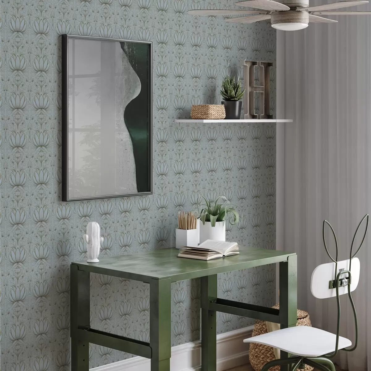 Behang Lotusornament in turquoise en geel kleurenpalet a00439