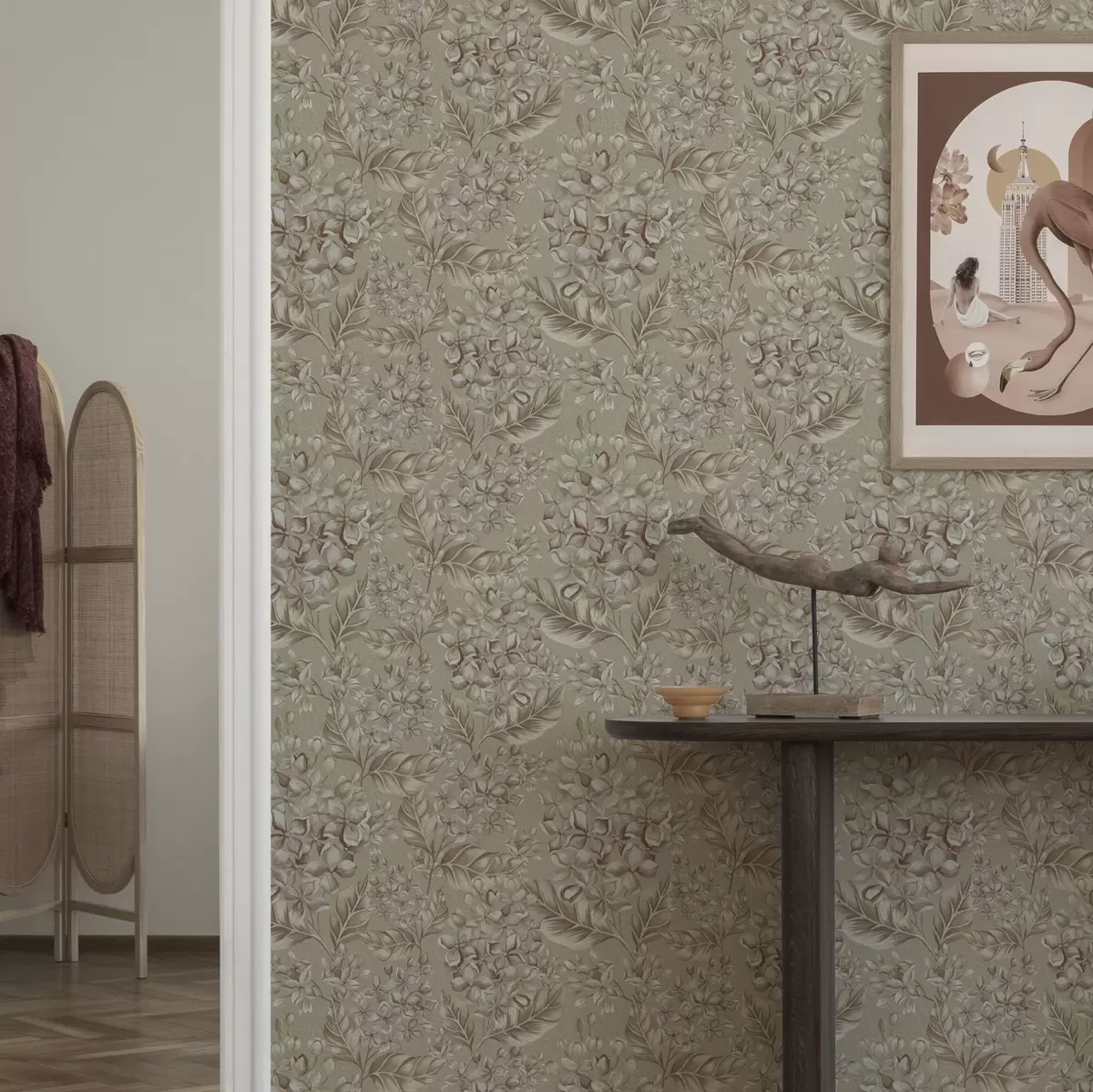 Behang Beige takken met witte bloemen in warme tinten a00441