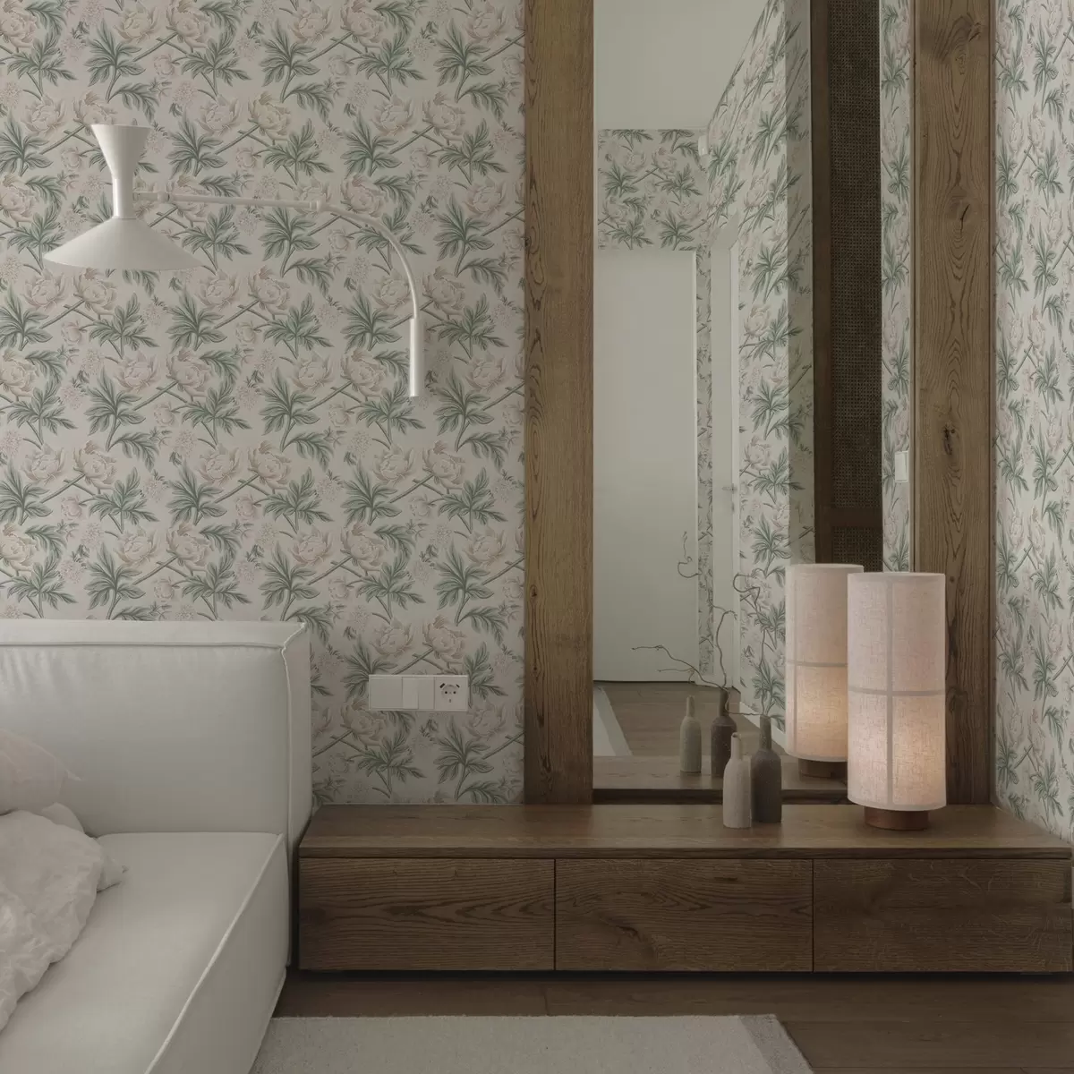 Behang Weelderige pioenrozen in licht beige en groen beige en groen a00445