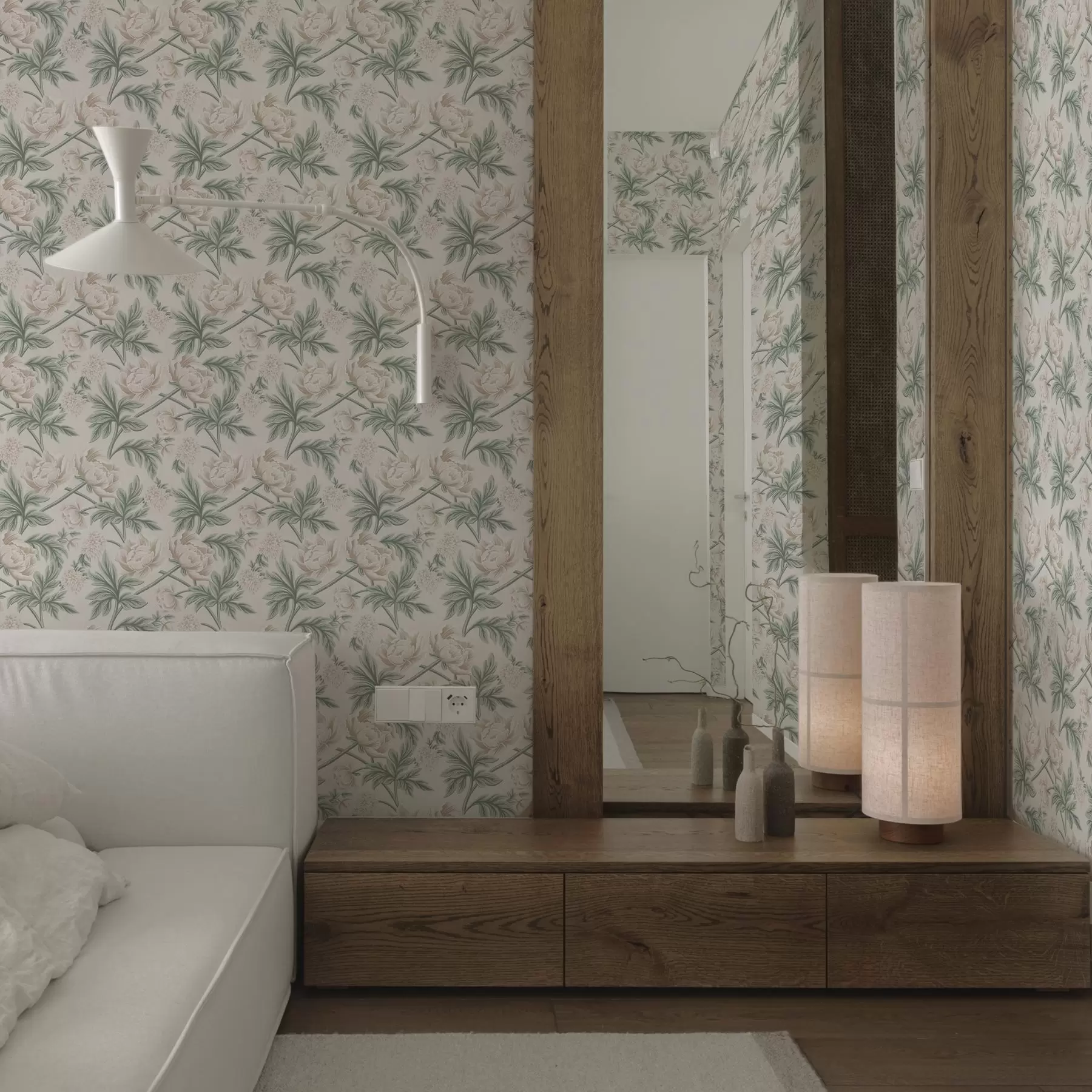 Fotobehang Weelderige pioenrozen in licht beige en groen beige en groen a00445