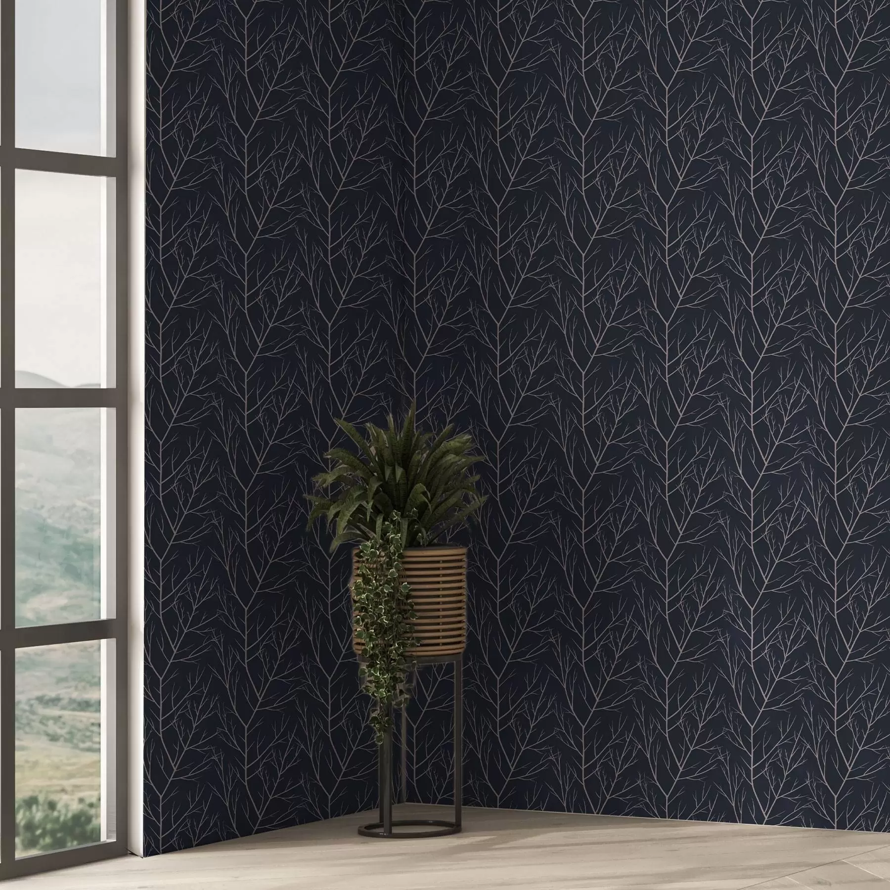 Papier peint photo Branches rouges douces sur fond bleu marine profond a00451