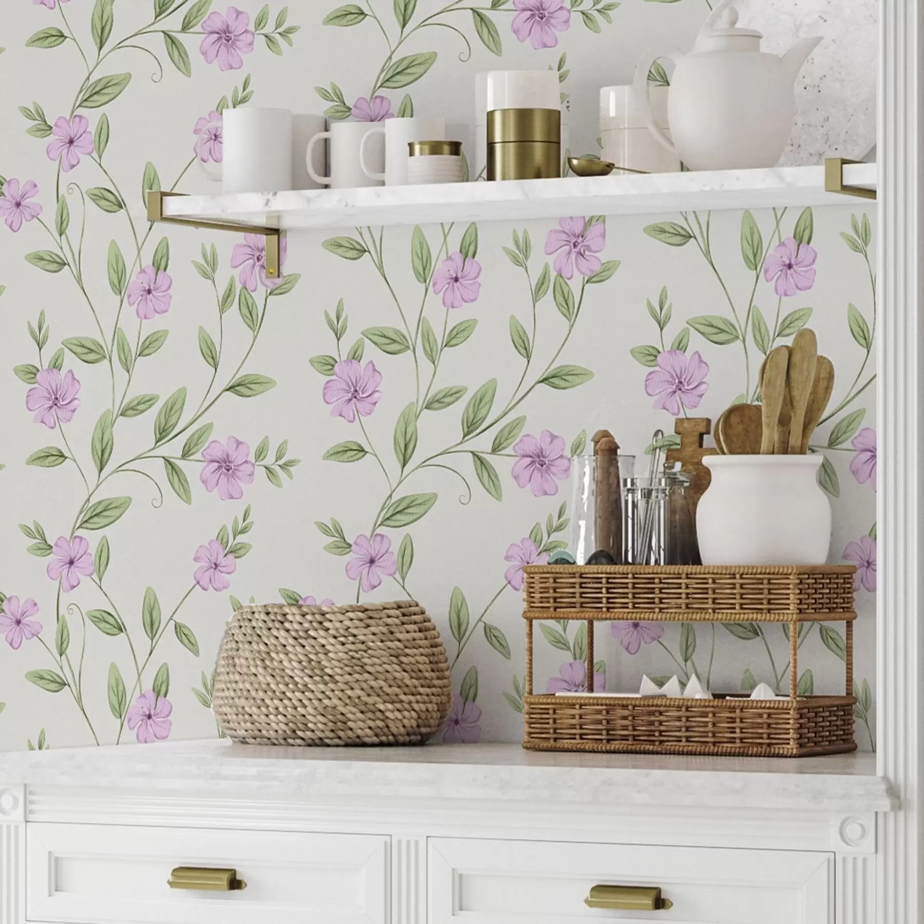 Fotobehang Roze bloemen met groene wijnranken op een crèmekleurige achtergrond a00453