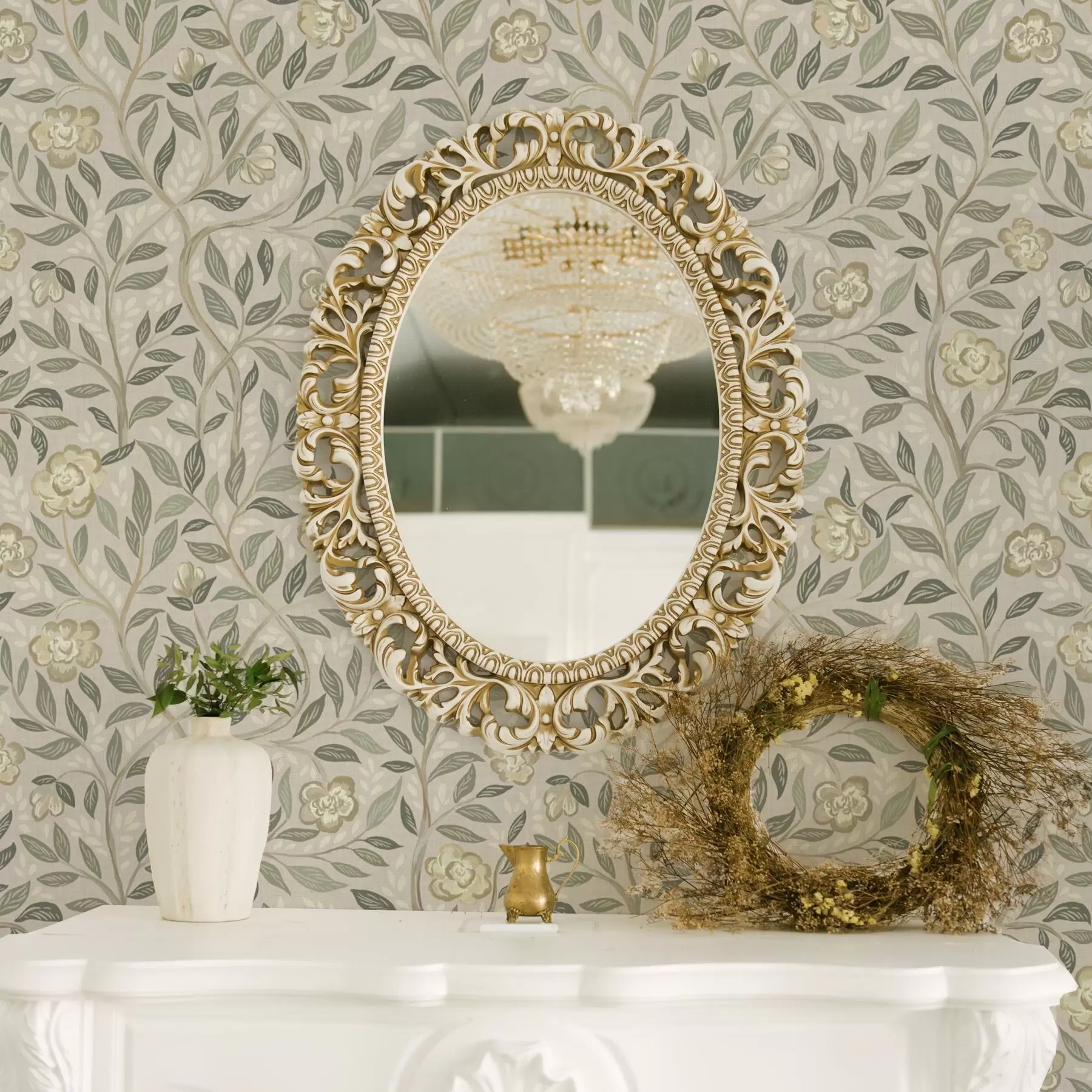 Papier peint photo Roses de couleur crème et feuilles d'olivier sur fond de rose poussiéreux a00455