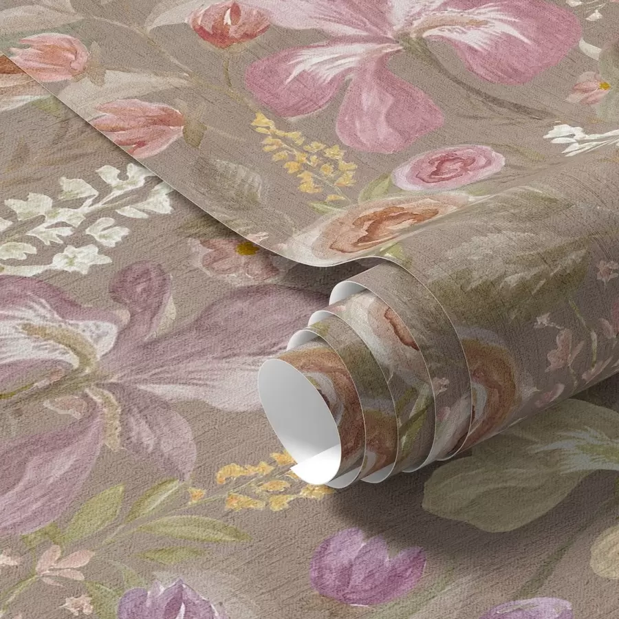 Papier peint photo Motif de fleur d'iris rose vintage sur fond beige texturé a00457