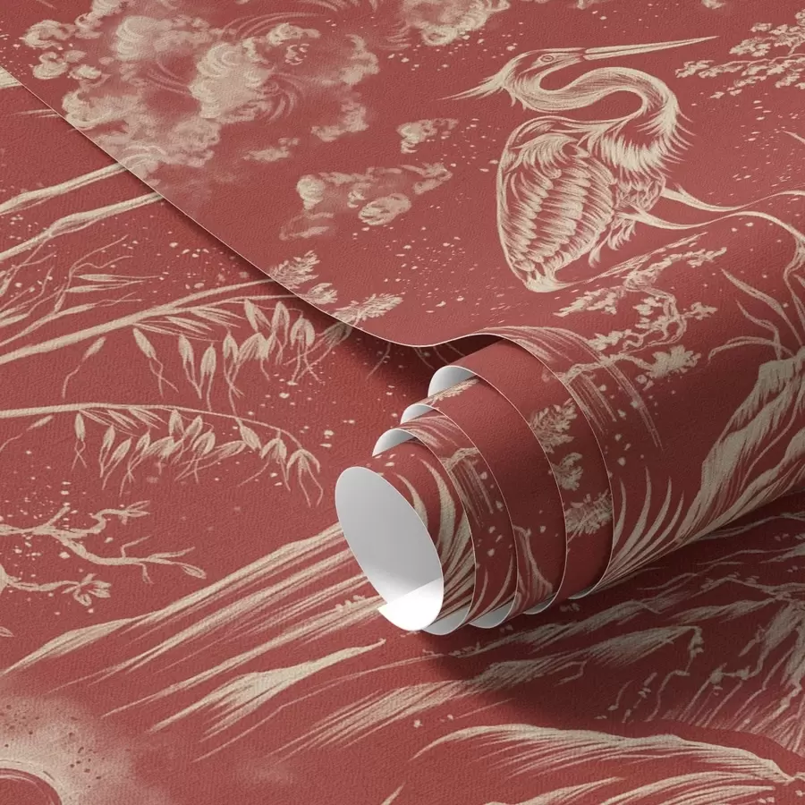 Fotobehang Reigers, bergen en wolken in de stijl van Japanse gravures a00458