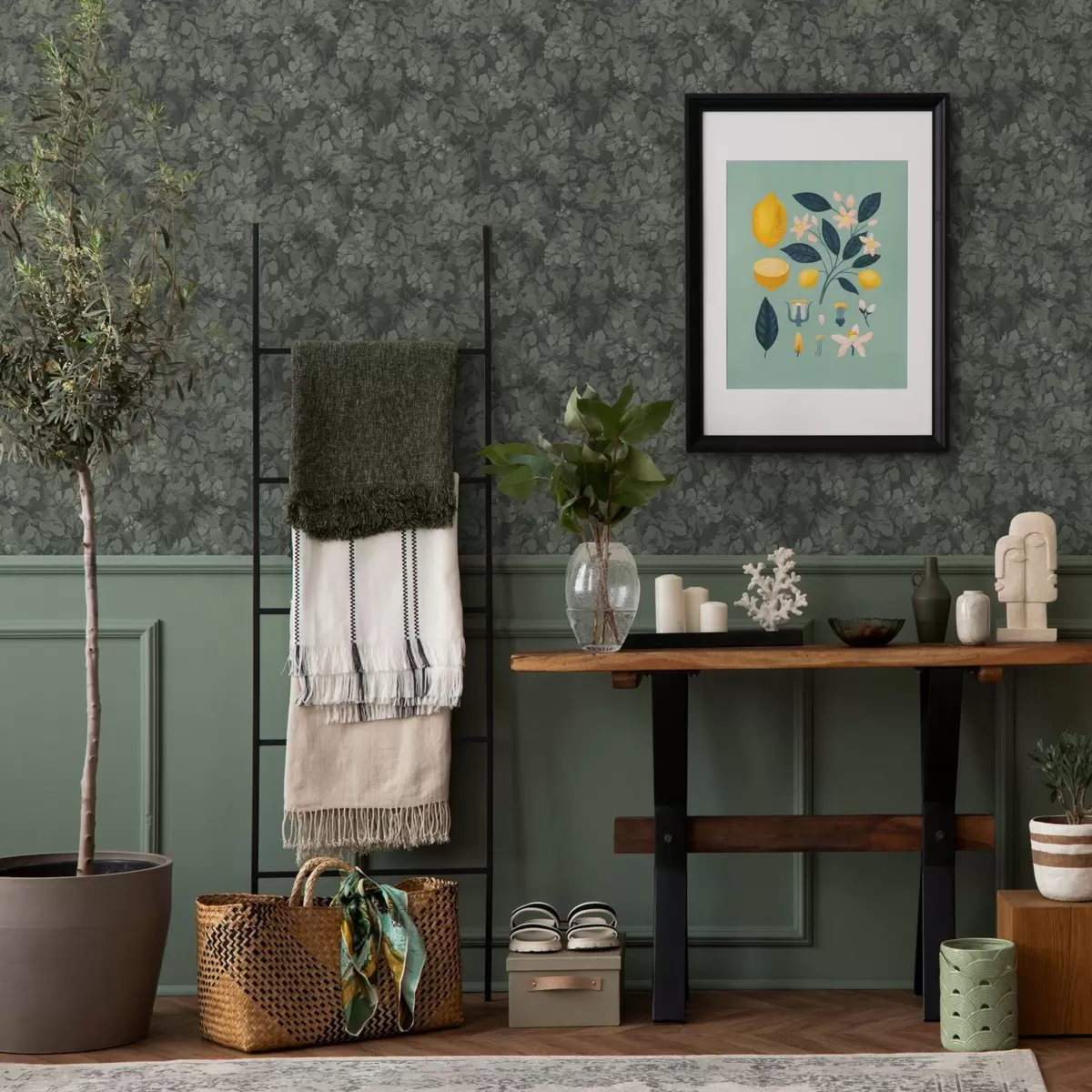 Papier peint Texture foncée des feuilles avec glands en vert foncé a00461