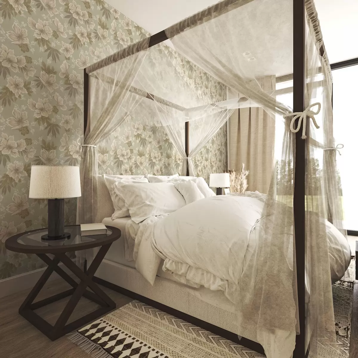 Papier peint Fleurs crème sur fond vert olive a00462