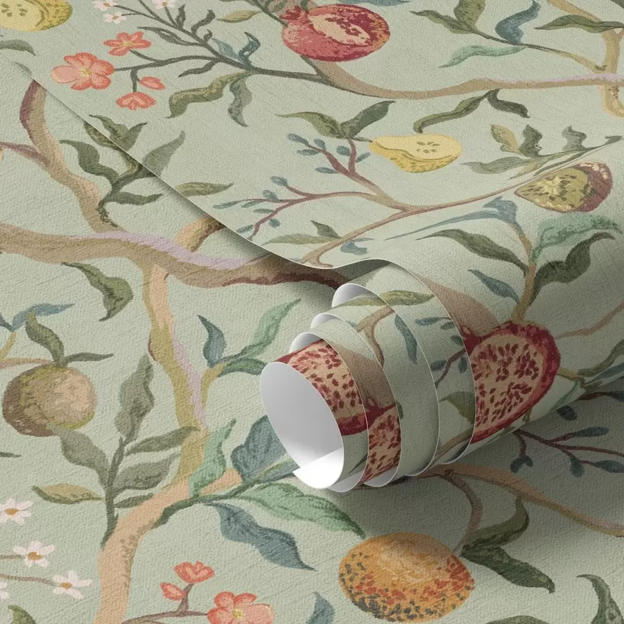 Papier peint photo Grenades, poires et fleurs sur fond vert pâle a00465