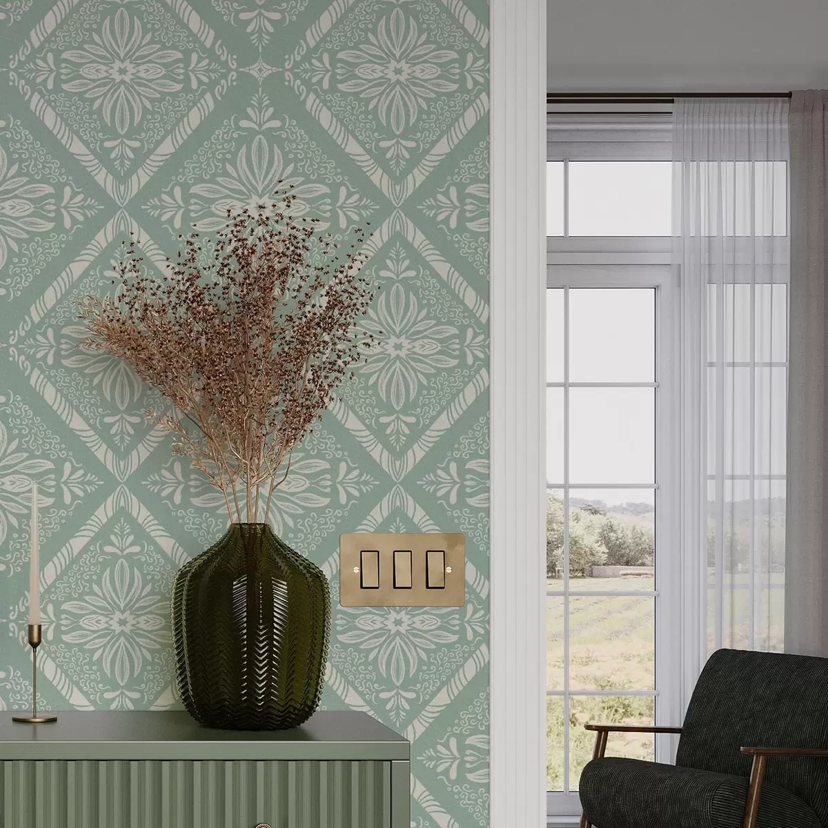 Behang Geometrisch patroon in turkoois en beige met krullen a00466