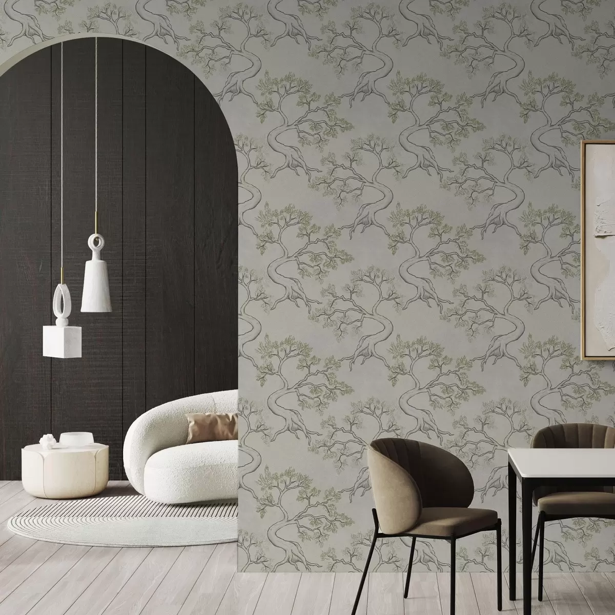 Papier peint Arbres monochromes aux troncs courbes et fantaisistes a00468