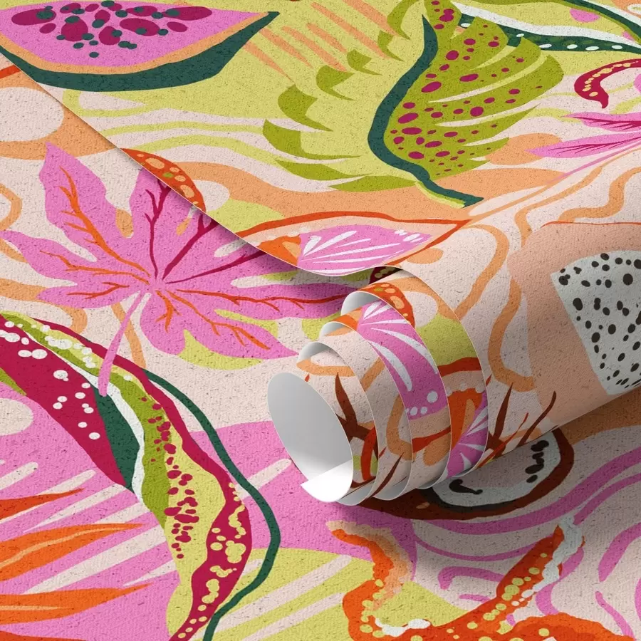 Fotobehang Exotische vruchten, bladeren en kameleons in een tropische stijl a00469