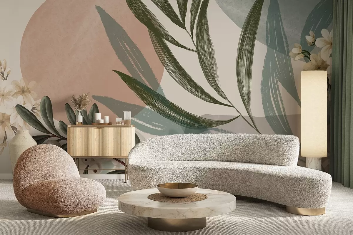 Papier peint photo Art botanique abstrait avec des feuilles de palmier vertes et des baies blanches, sur un fond de formes dans des tons de terre sourds w09312