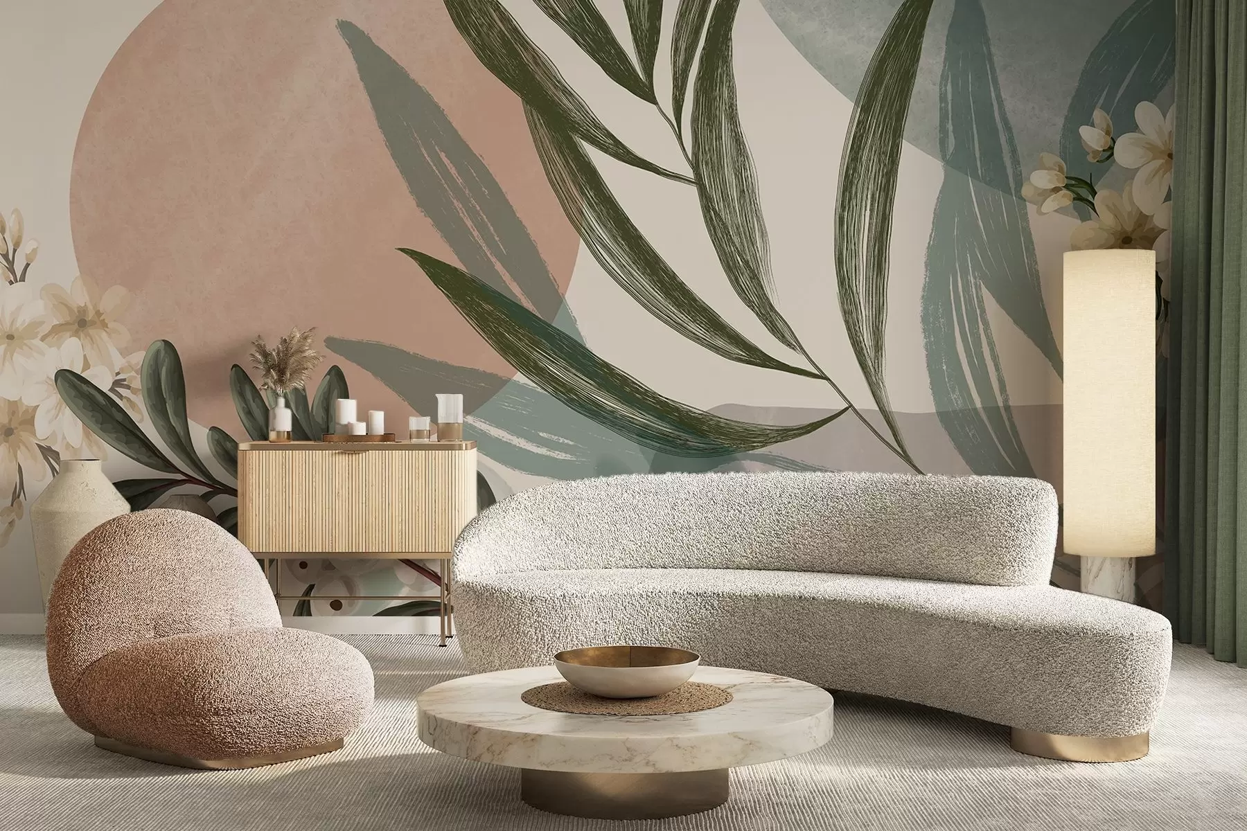 Fotobehang Abstracte botanische kunst met groene palmbladeren en witte bessen, tegen een achtergrond van vormen in gedempte aardetinten w09312