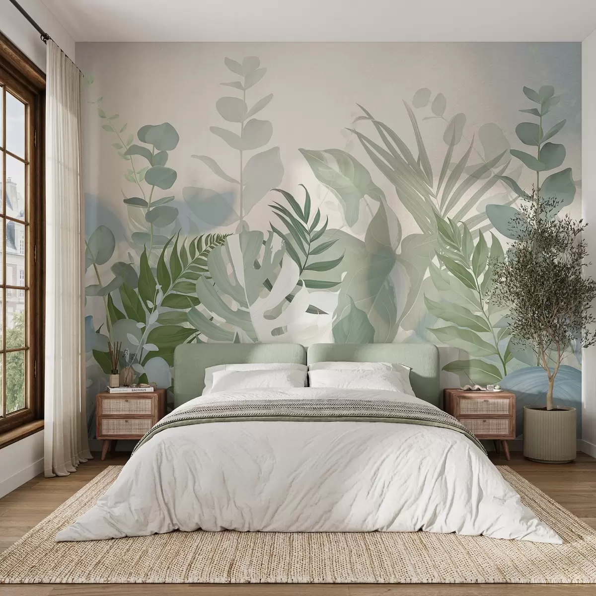 Fotobehang Pastelgroene planten varens, monstera en eucalyptus, lichte getextureerde achtergrond, zachte verlichting, vredig , botanische illustratie w09316