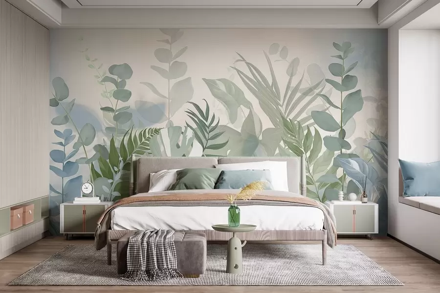 Fotobehang Pastelgroene planten varens, monstera en eucalyptus, lichte getextureerde achtergrond, zachte verlichting, vredig , botanische illustratie w09316