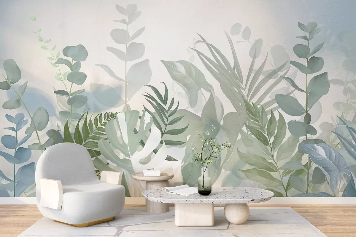 Fotobehang Pastelgroene planten varens, monstera en eucalyptus, lichte getextureerde achtergrond, zachte verlichting, vredig , botanische illustratie w09316
