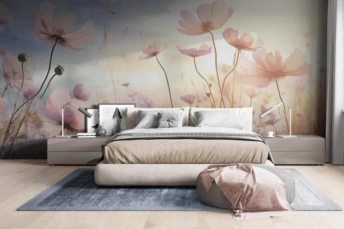 Fotobehang Een veld met roze structuurbloemen met lange stelen, tegen een zacht blauwe en gele lucht, die een dromerige sfeer creëert w09320