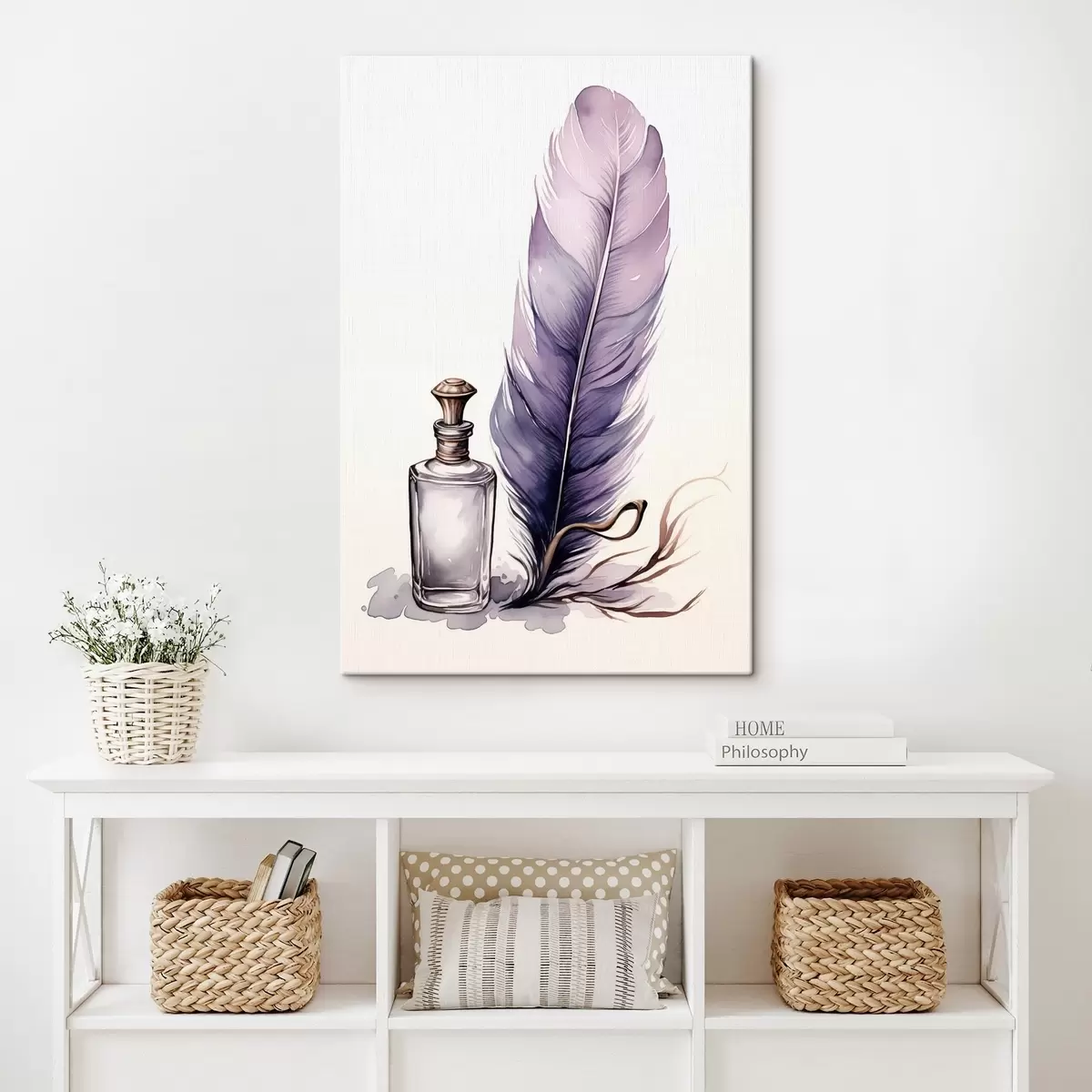  Schilderijen Aquarel illustratie van een veer en glazen inktfles s45410