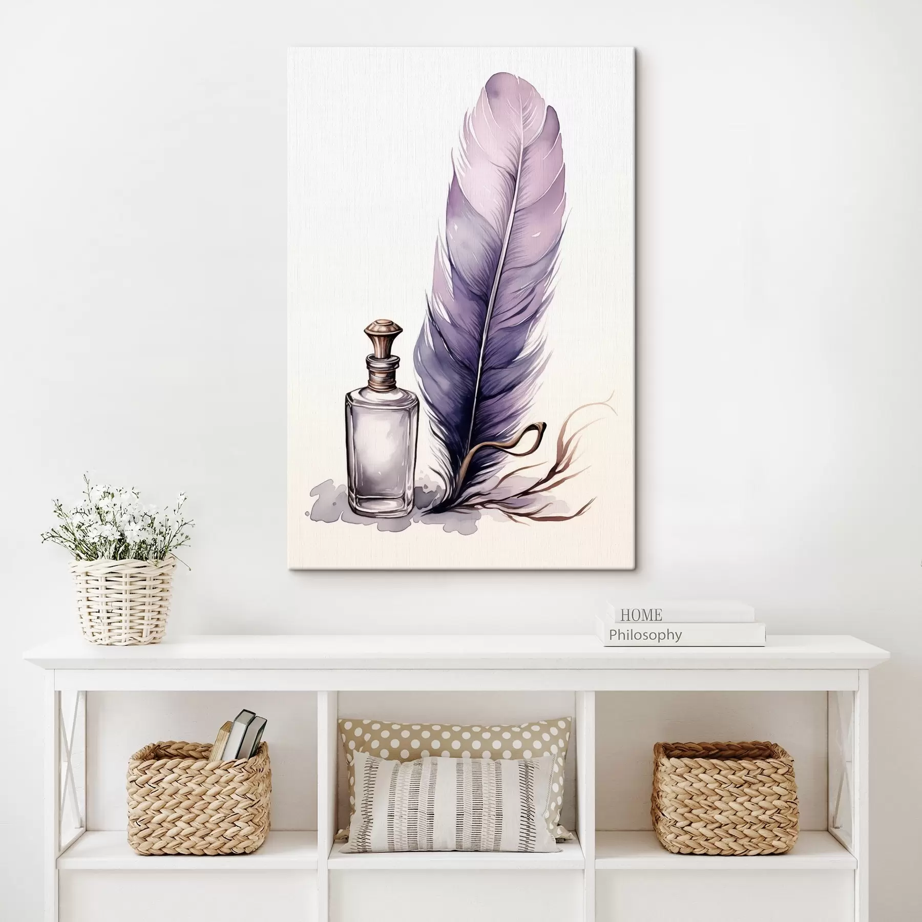  Schilderijen Aquarel illustratie van een veer en glazen inktfles s45410