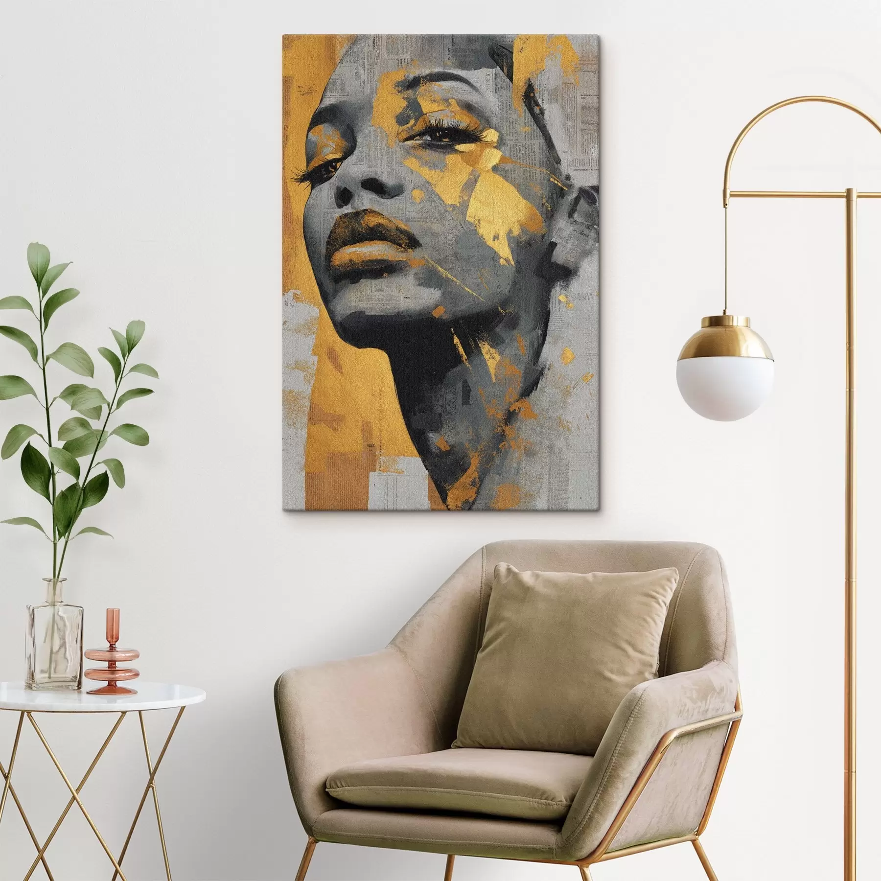  Schilderijen Gemengde-media-portret met krantenfragmenten en decoratieve penseelstreken s45419