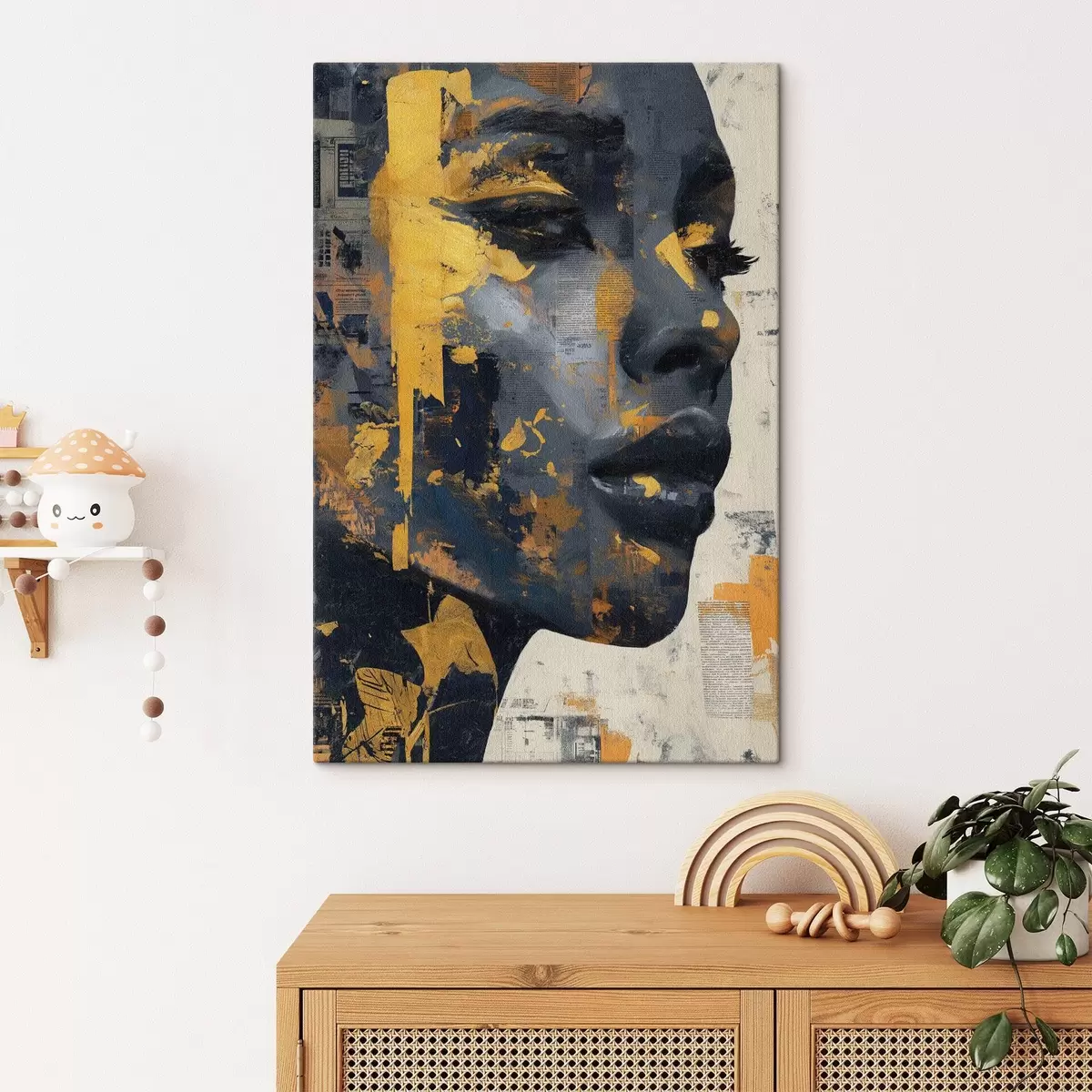  Schilderijen Gemengde-media-portret met krantenfragmenten en decoratieve penseelstreken s45420