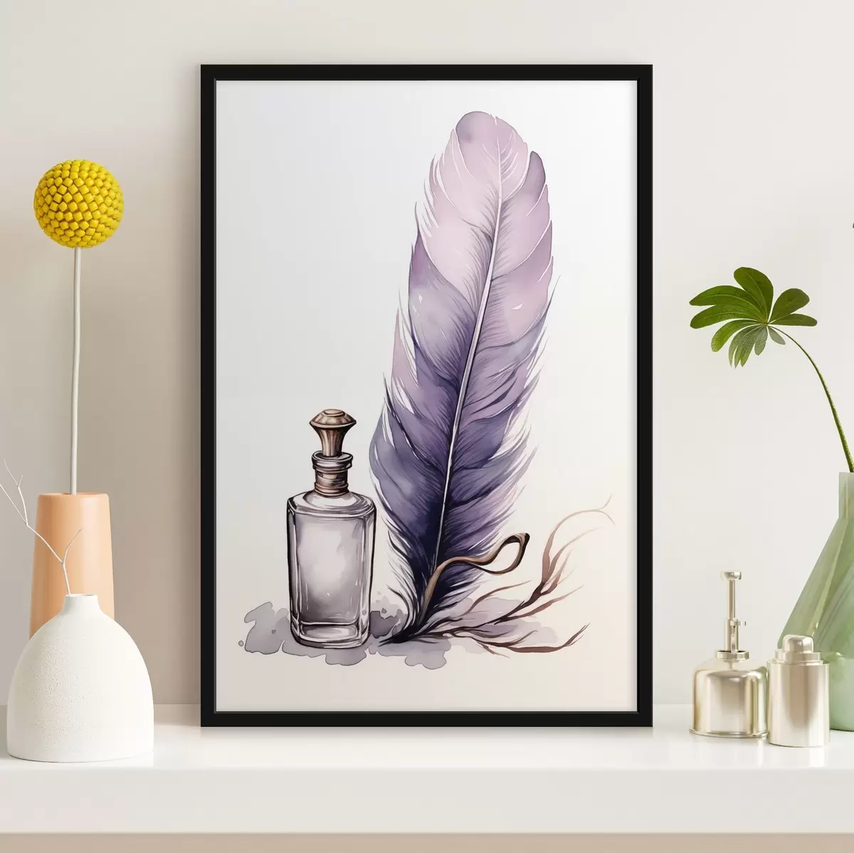 Poster Aquarel illustratie van een veer en glazen inktfles f45410