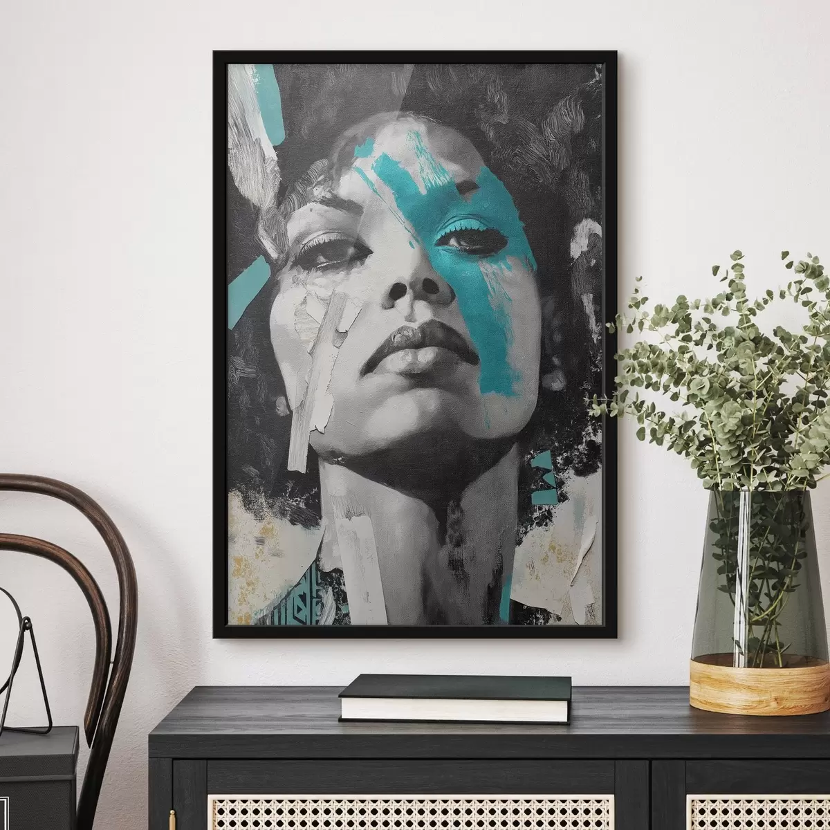 Poster Gemengde-media-portret met fragmenten van kleurstreken en texturen f45416