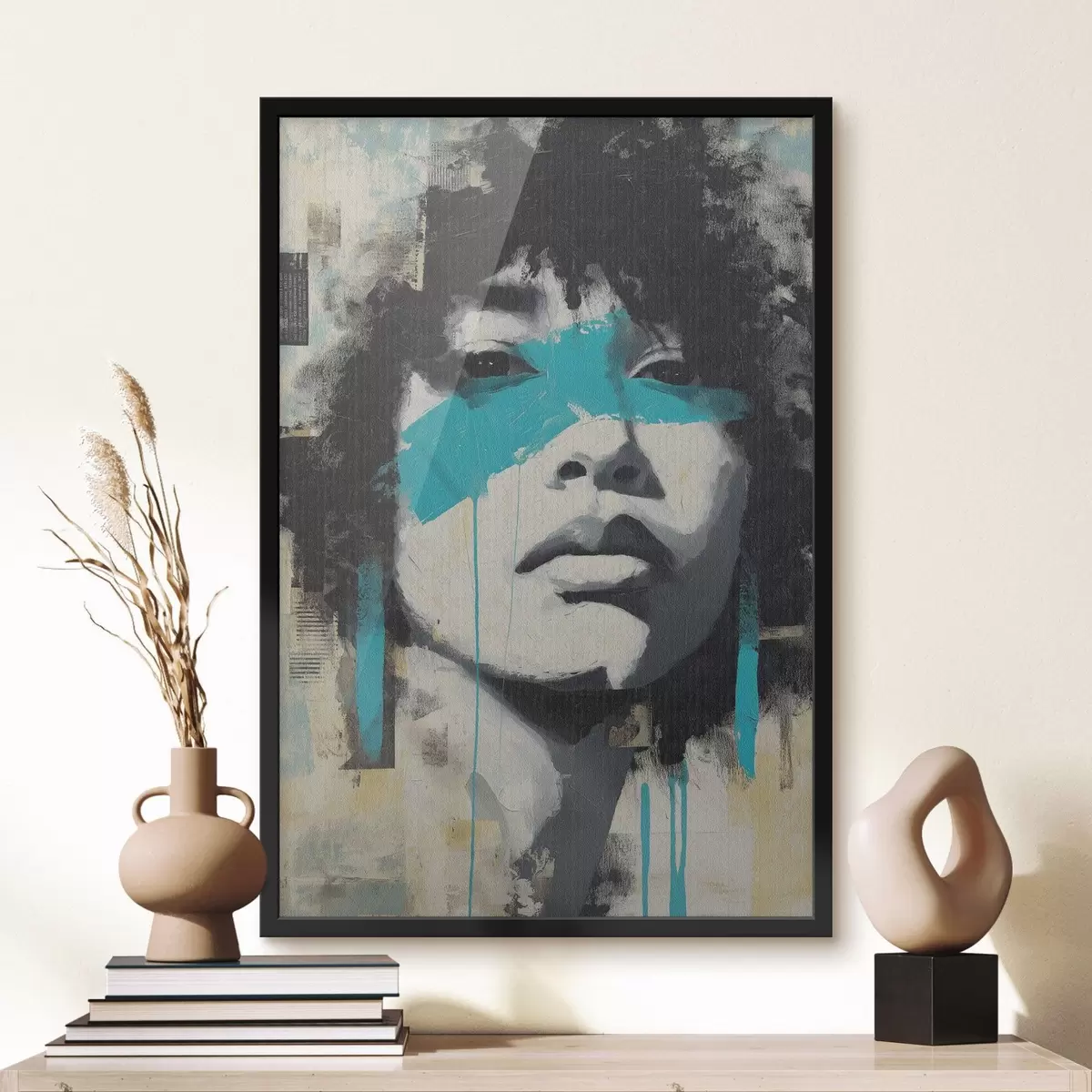 Poster Gemengde-media-portret met fragmenten van kleurstreken en texturen f45417