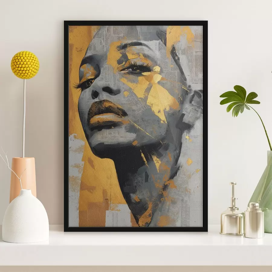 Fotobehang Gemengde-media-portret met krantenfragmenten en decoratieve penseelstreken f45419