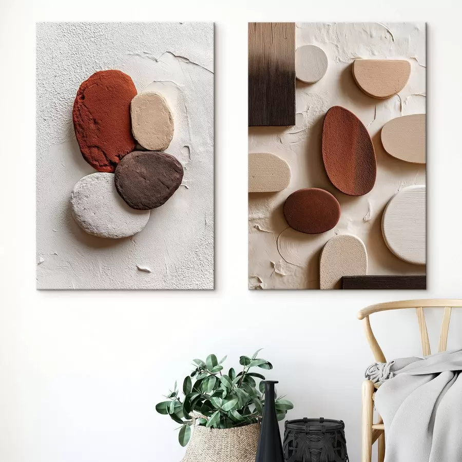  Schilderijen Abstracte composities met volumetrische geometrische vormen op een getextureerde achtergrond m00597