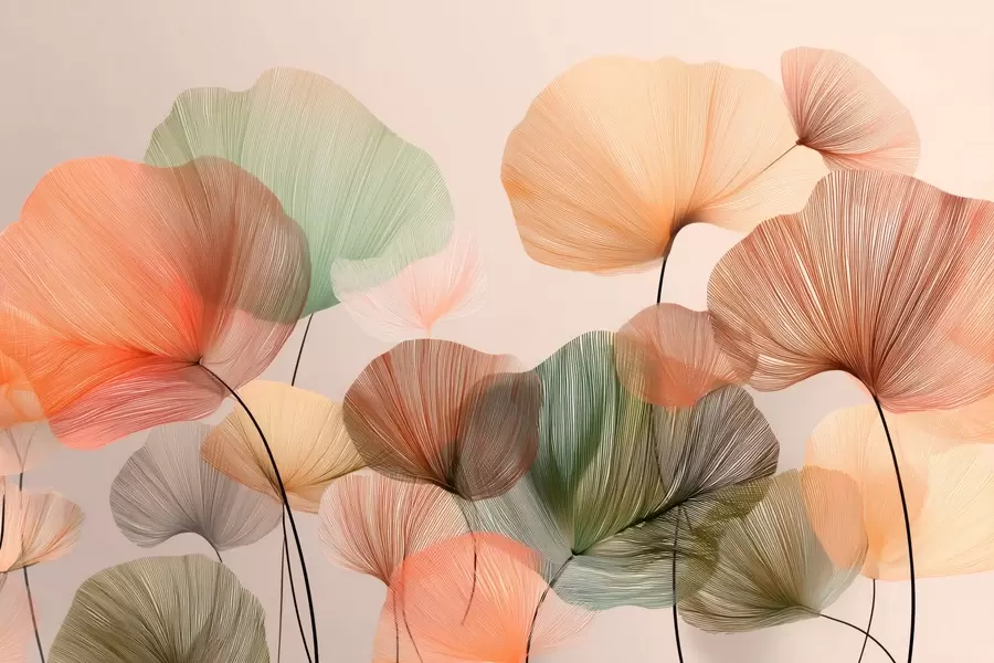 Fotobehang veelkleurige ginkgobladeren met nerven w04305