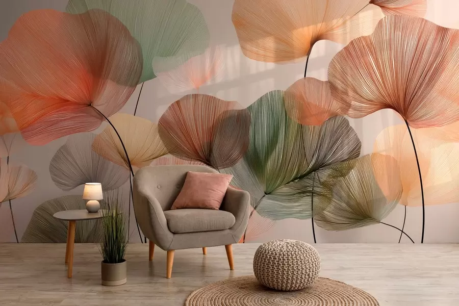 Fotobehang veelkleurige ginkgobladeren met nerven w04305