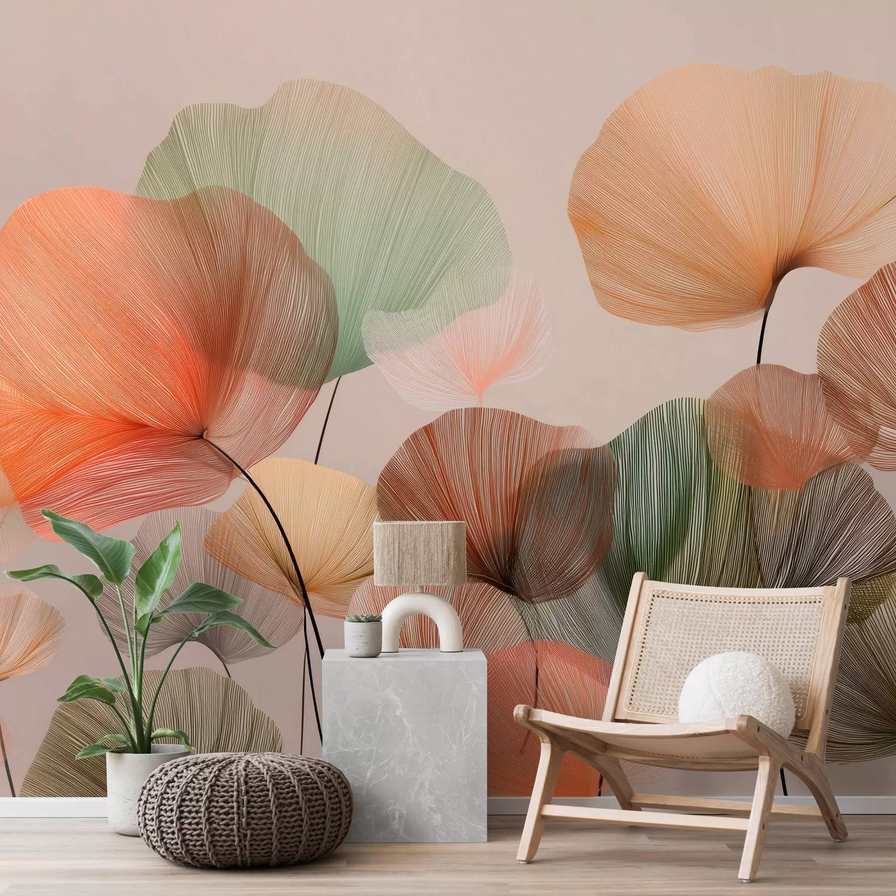 Fotobehang veelkleurige ginkgobladeren met nerven w04305