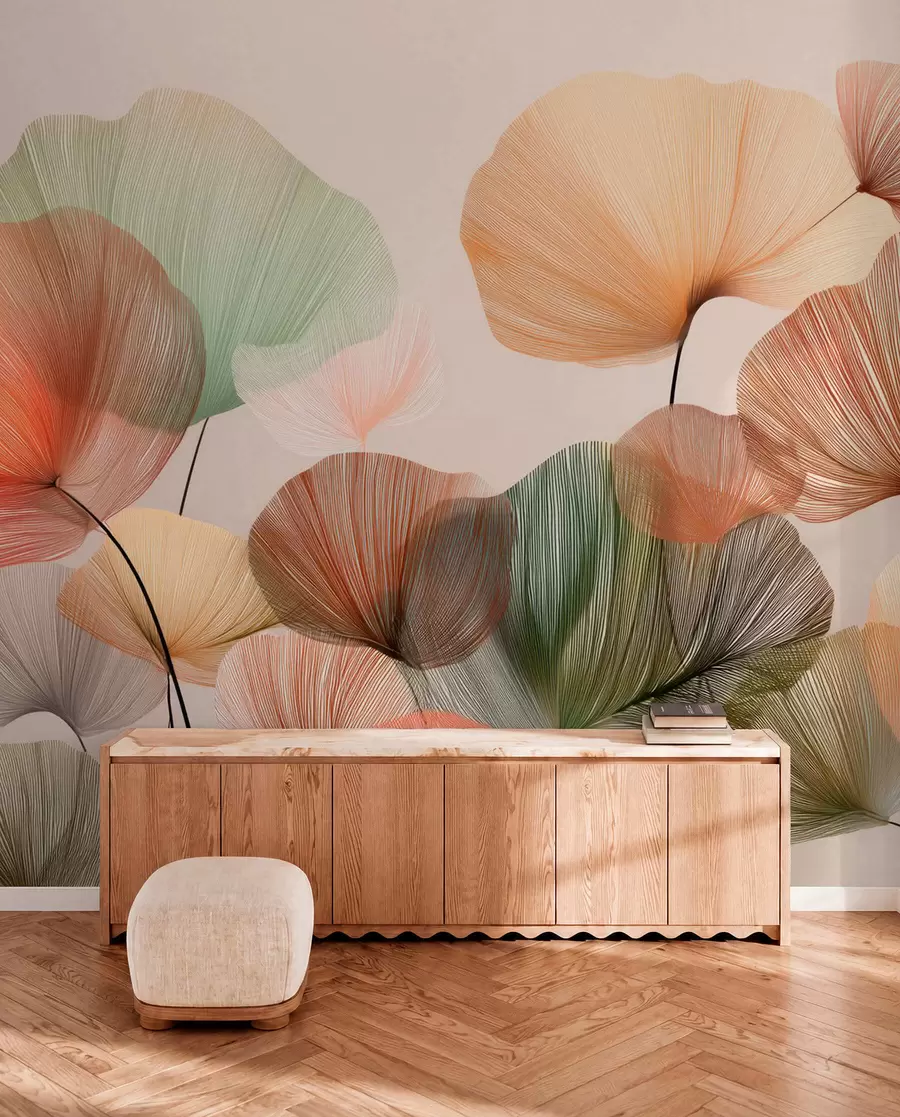 Fotobehang veelkleurige ginkgobladeren met nerven w04305