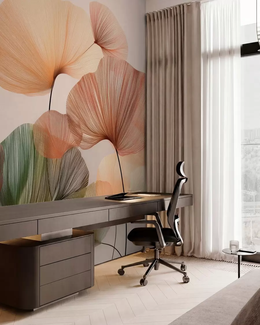 Fotobehang veelkleurige ginkgobladeren met nerven w04305