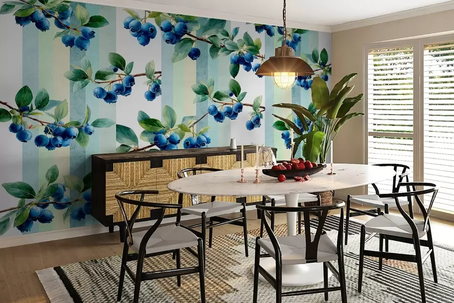 Fotobehang bosbessentrossen op een gestreepte achtergrond w04307