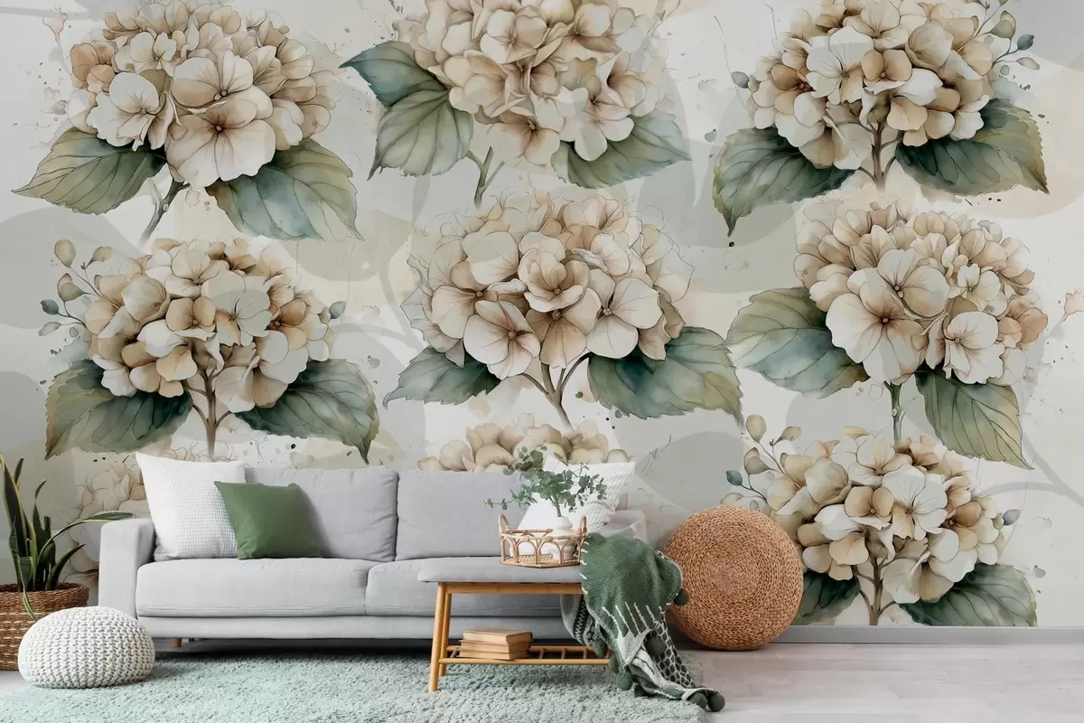 Fotobehang grote hortensia's in aquarelstijl w04312