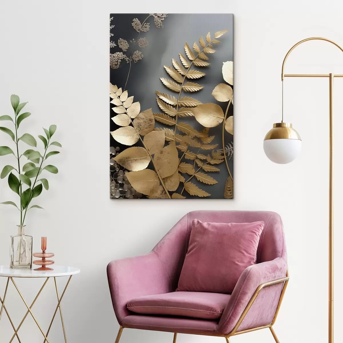  Peintures Branches d'eucalyptus et feuilles tropicales sur fond sombre s45333