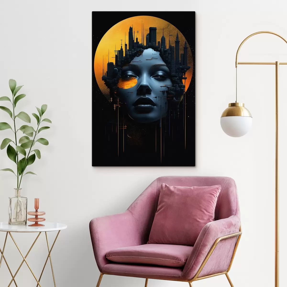  Schilderijen Mensen, meisjesgezicht op een stadsachtergrond, abstract s45341