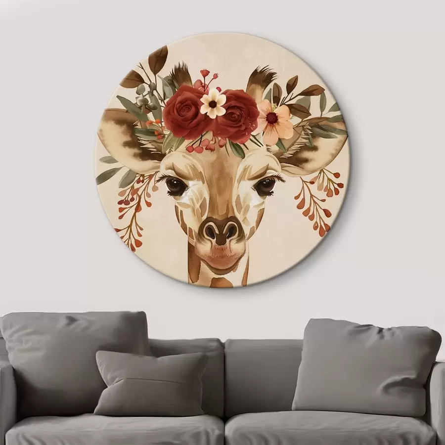  Peintures Girafe en style aquarelle avec des fleurs sur la tête r45331