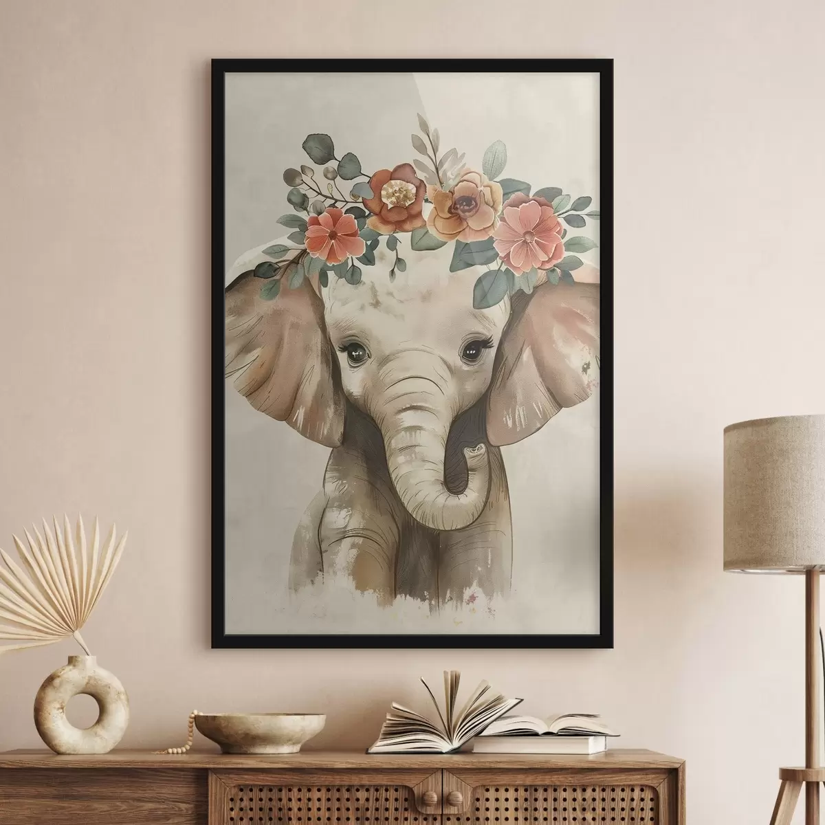 Poster Schattige aquarel olifant met bloemen f45330