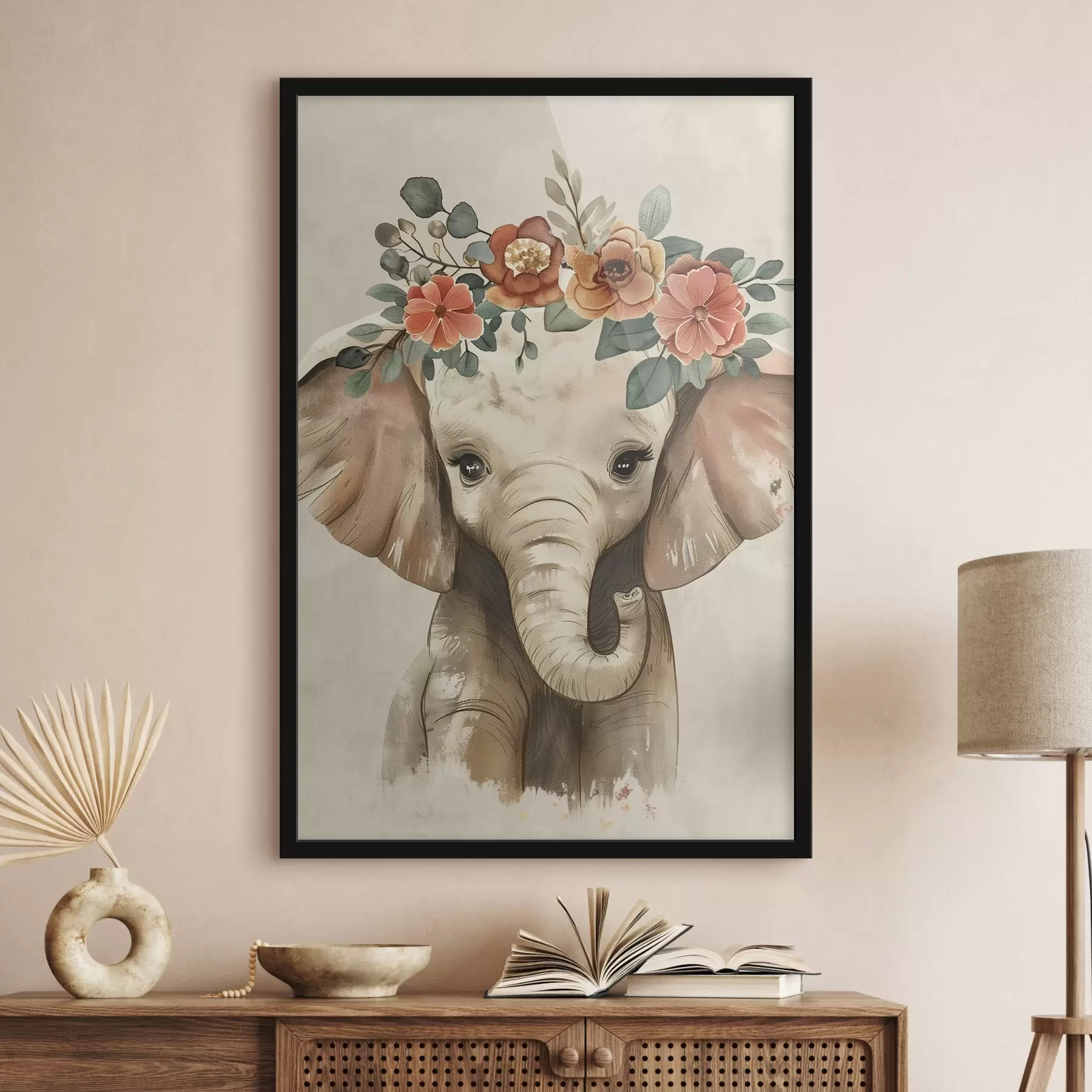 Papier peint photo Mignon éléphant aquarelle avec des fleurs f45330