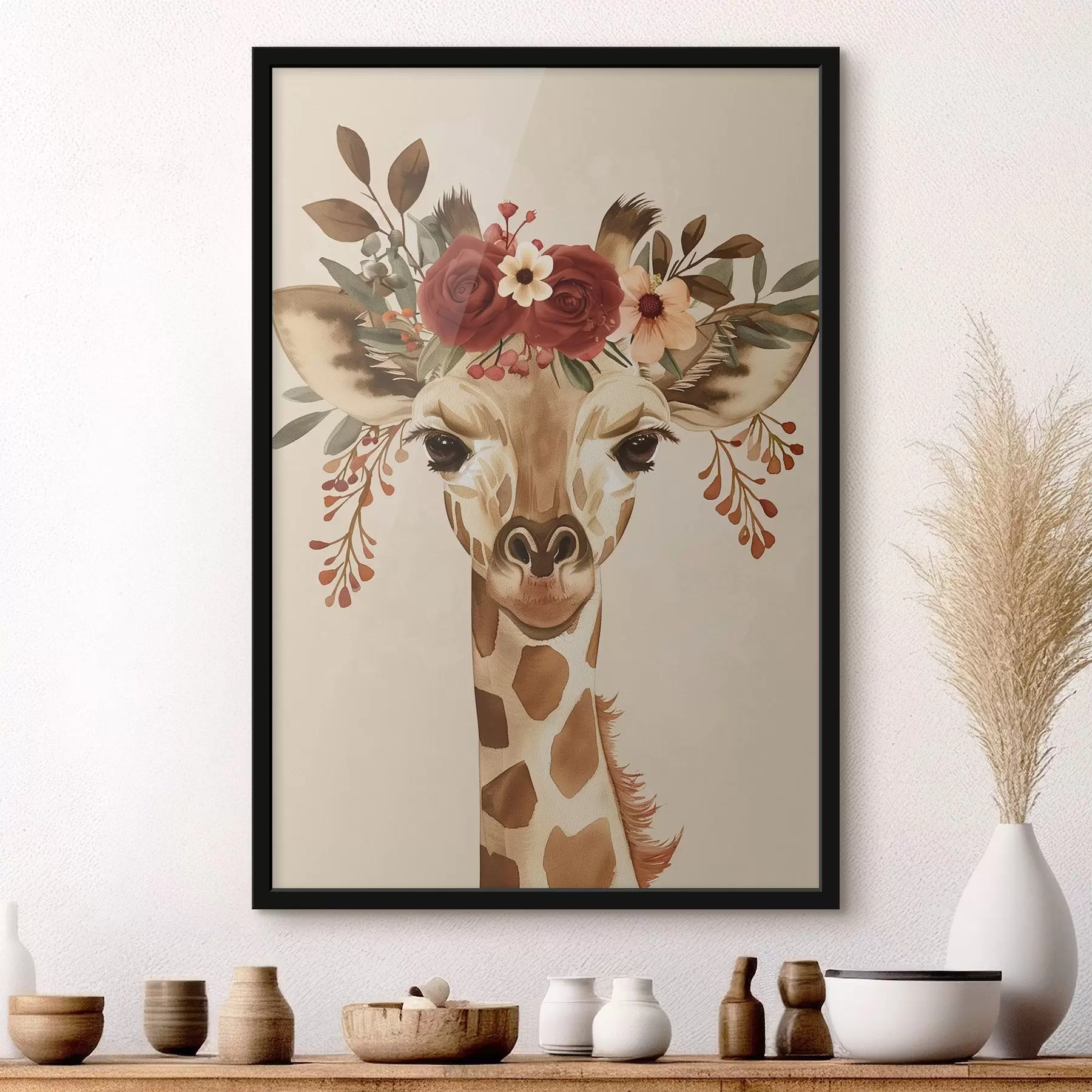 Papier peint photo Girafe en style aquarelle avec des fleurs sur la tête f45331