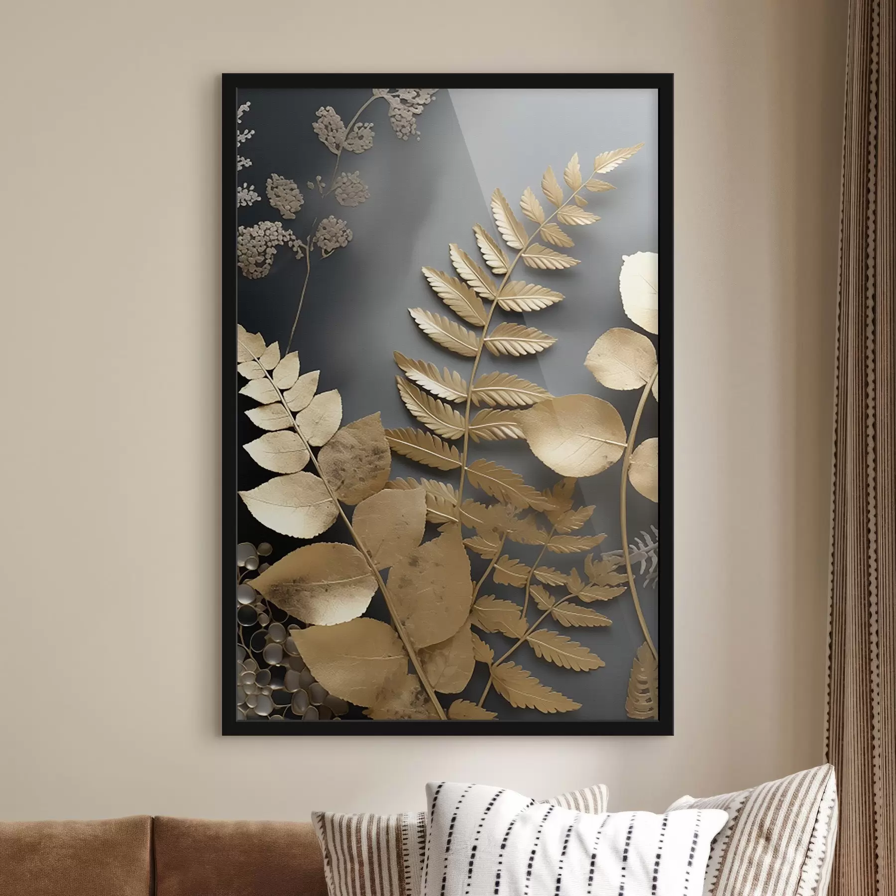 Papier peint photo Branches d'eucalyptus et feuilles tropicales sur fond sombre f45333