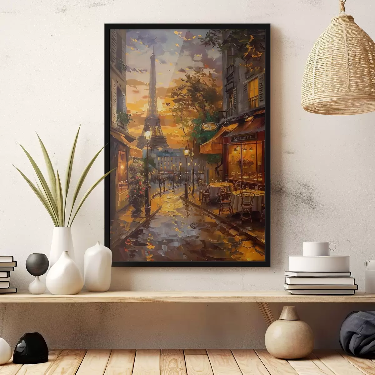 Poster Straat in Parijs, olieverfschilderij effect f45340