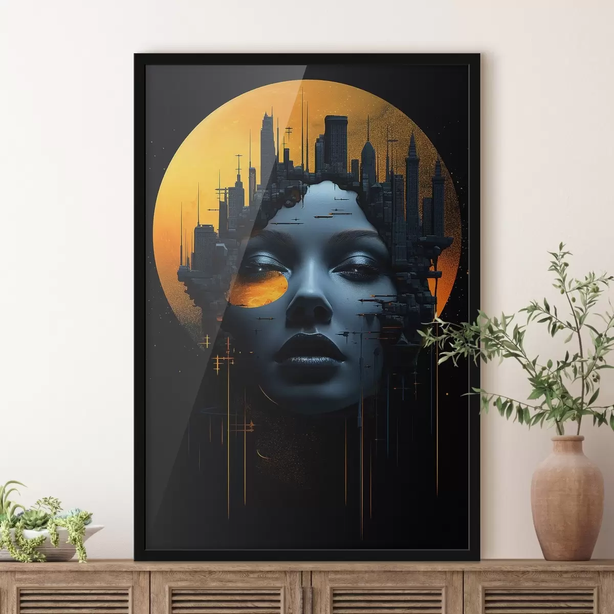 Poster Mensen, meisjesgezicht op een stadsachtergrond, abstract f45341