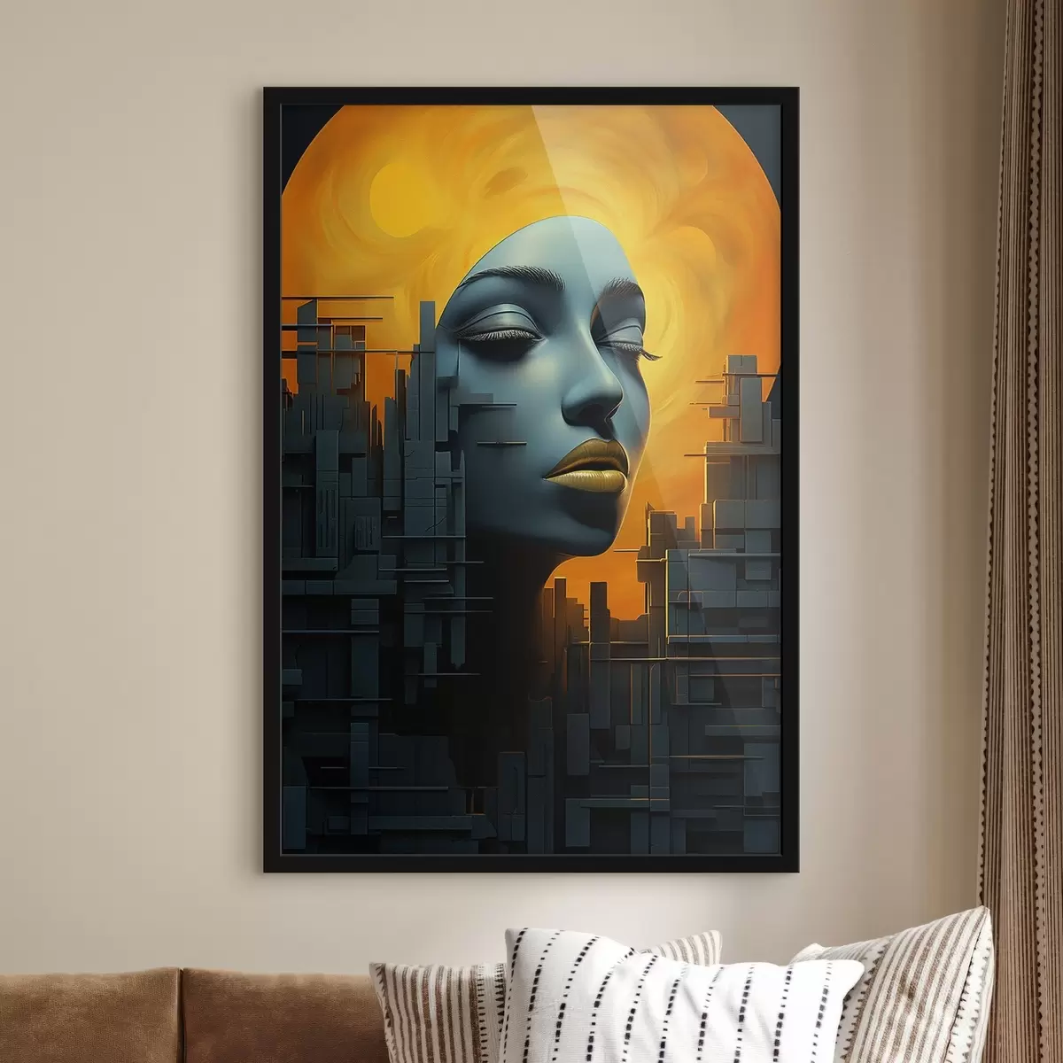 Affiche Personnes, visage de fille, ville sur fond abstrait f45342